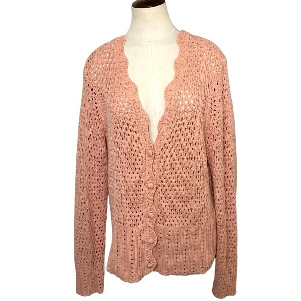 Marled Pink Crochet Knit Cardigan Sweater Scallop Trim Sz L Cottage Boho